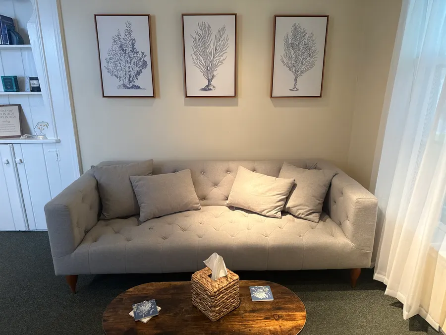 The waiting room couch, with three botanical prints on the wall above it